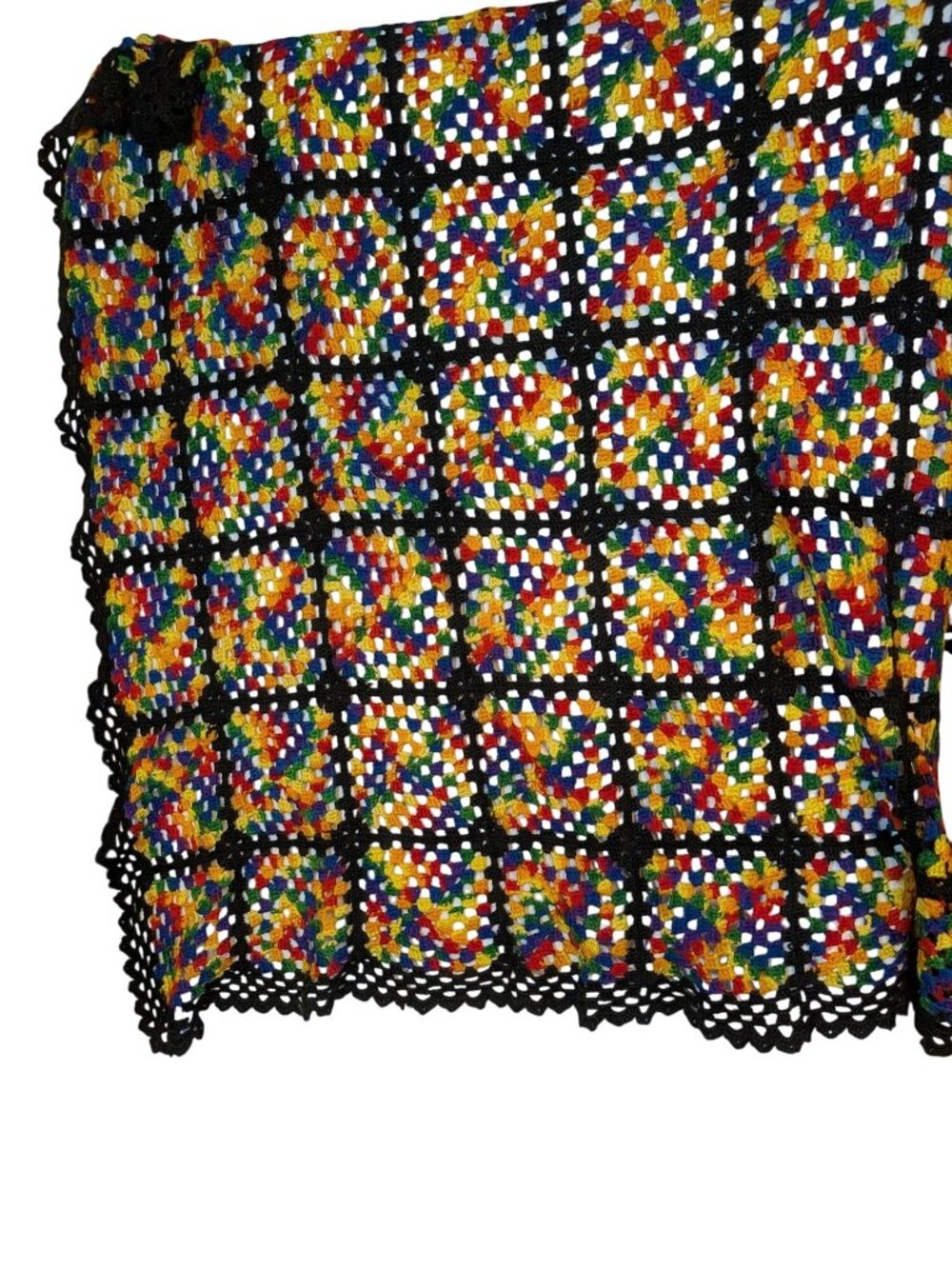 Handmade Crochet Afghan Throw Blanket Multicolor Squares & Black Border Approx.